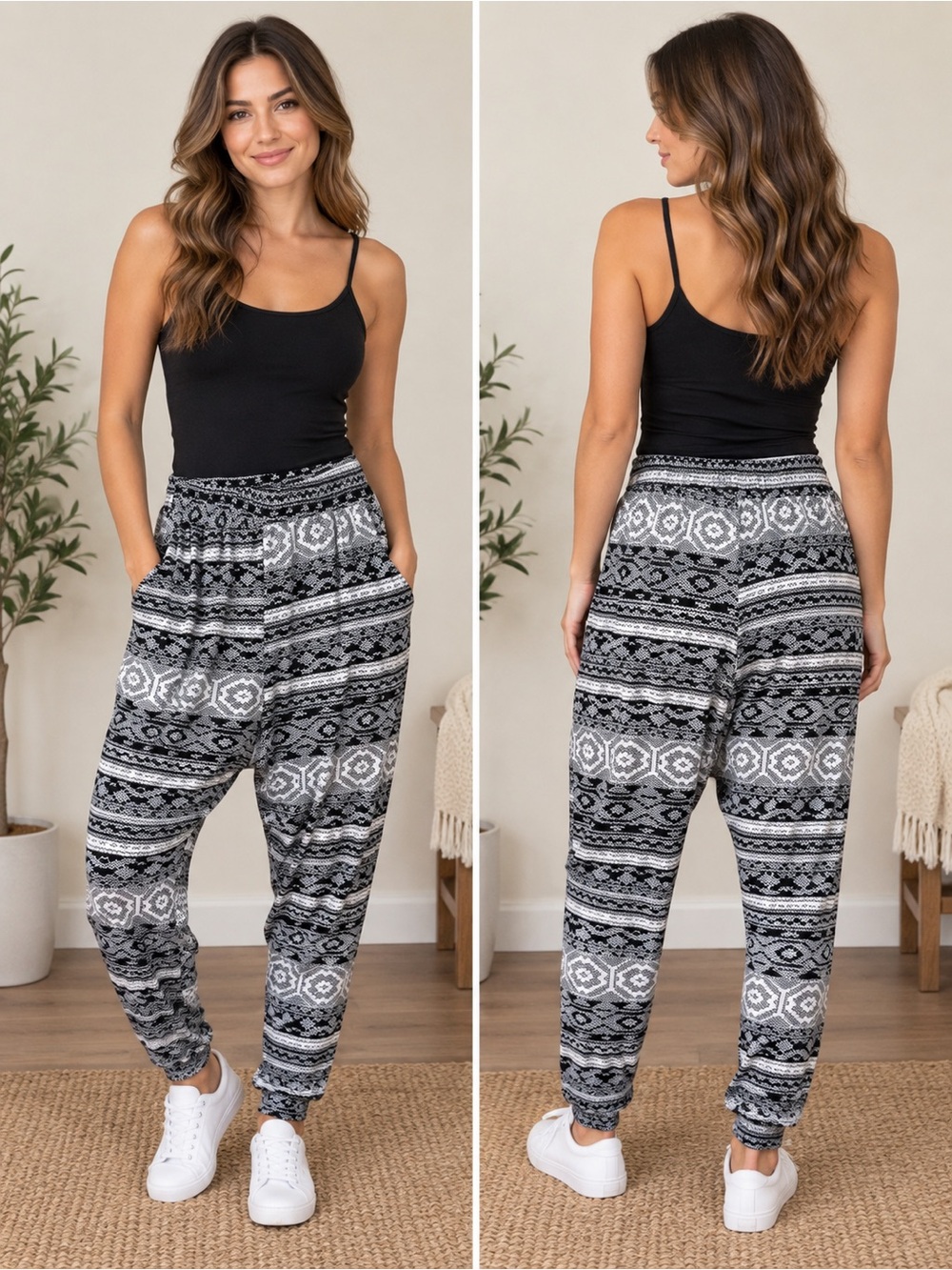 HKR Collections Patterned Black & White Harem Joggers Size XS or S Boho